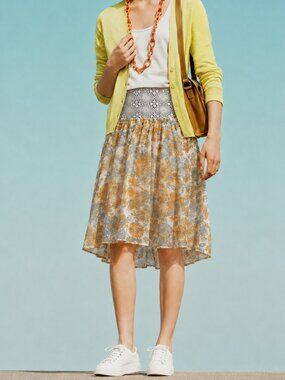 Floral Print Silk Chiffon with Lace Waist Skirt (0356)